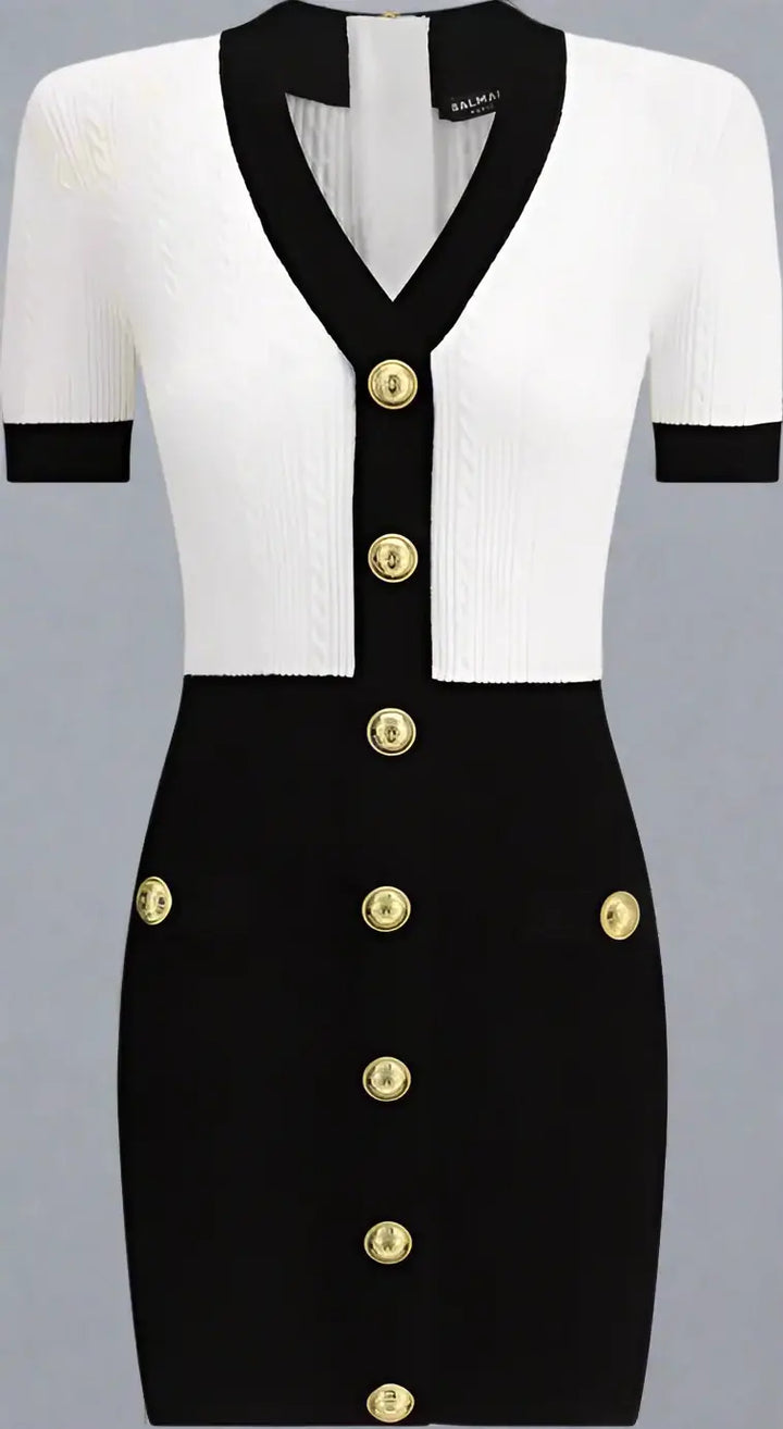 BALMAIN black/white Braided pattern midi Dress button up
