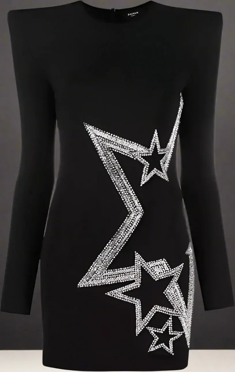 BALMAIN Black rhinestone Star embossed Viscose Dress