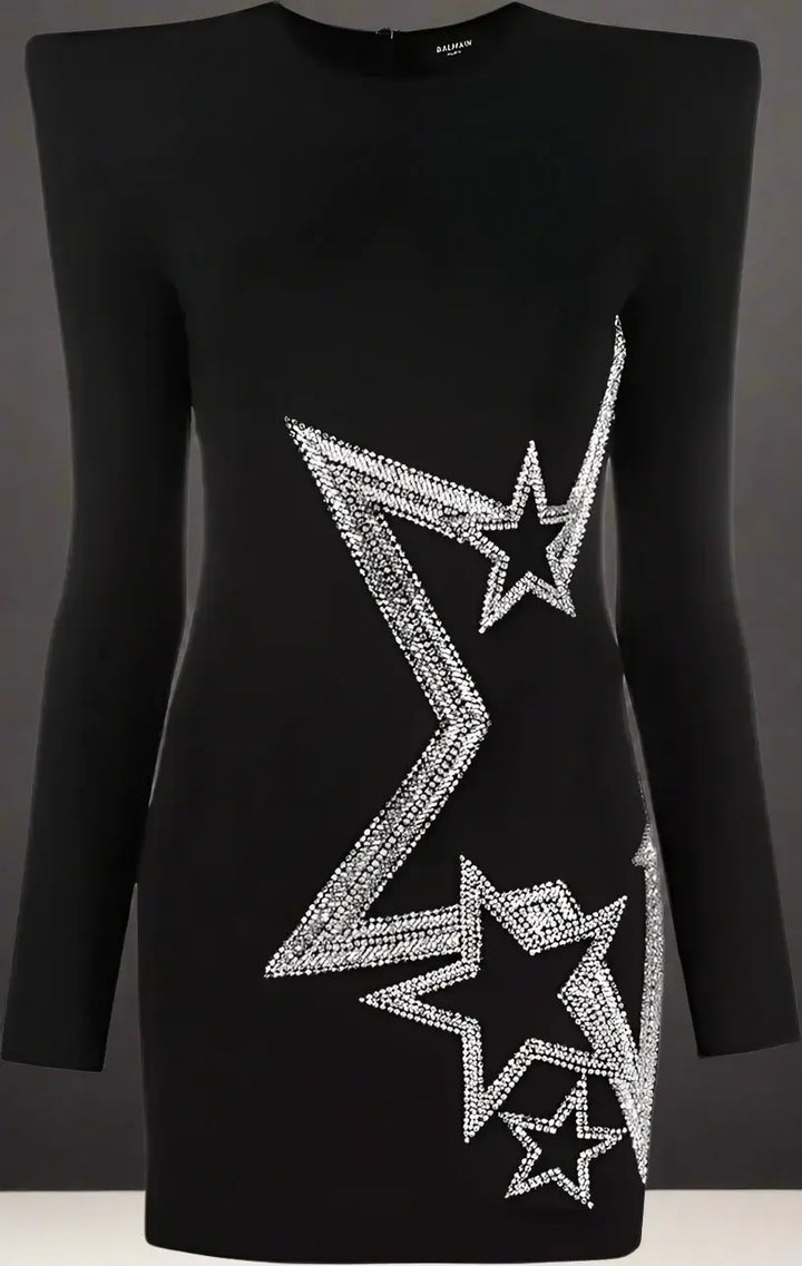 BALMAIN Black rhinestone Star embossed Viscose Dress