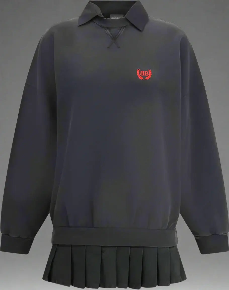 Black sweatshirt with a pleated skirt and red logo on a white background