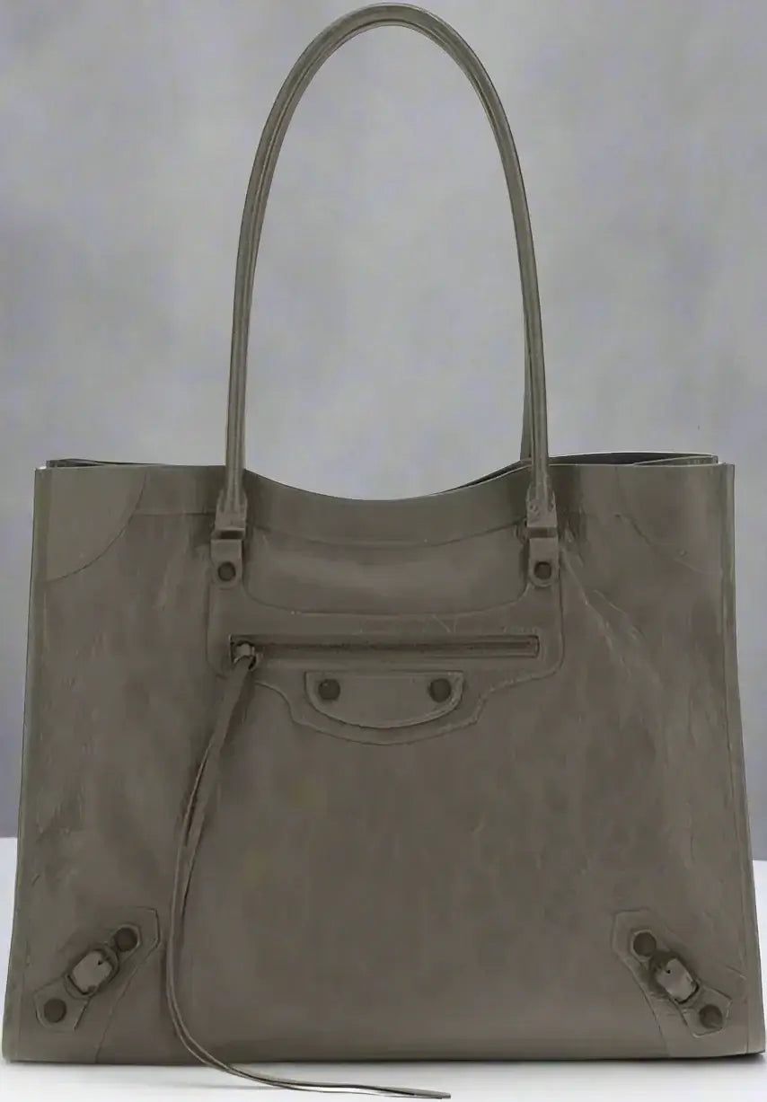 Gray tote bag with visible brand logo on a white background
