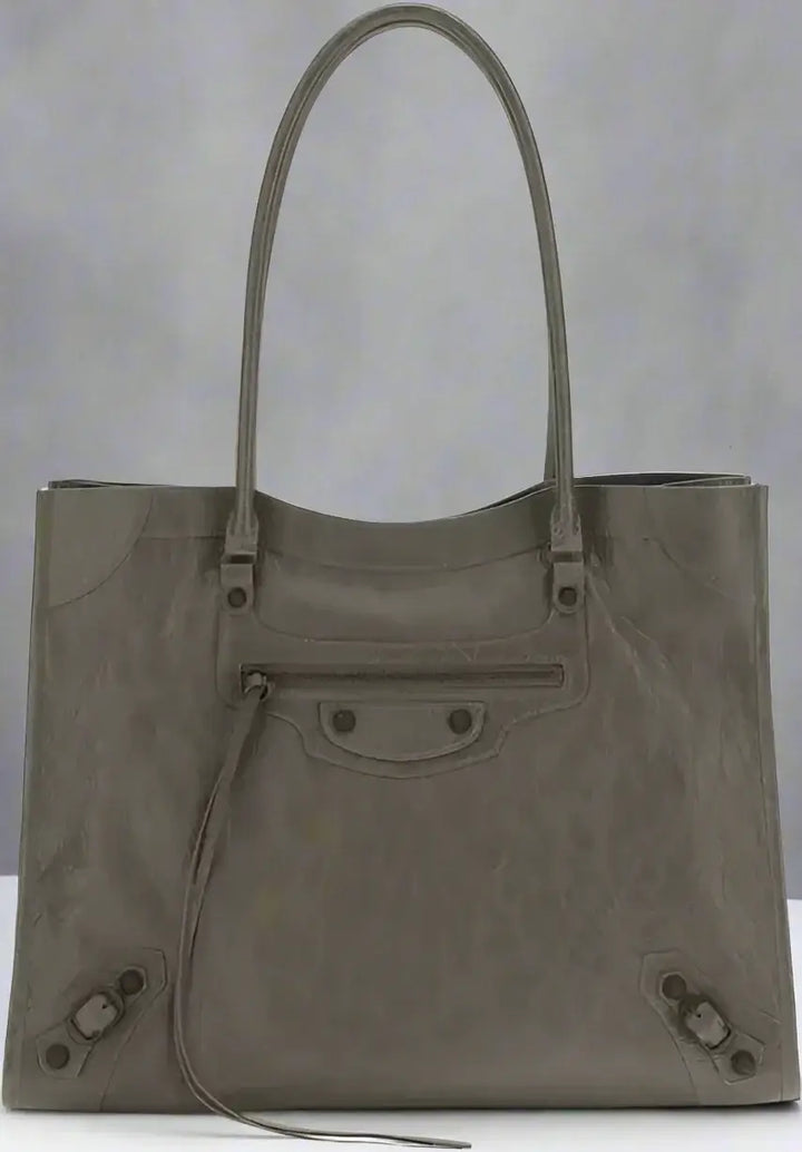 Gray tote bag with visible brand logo on a white background