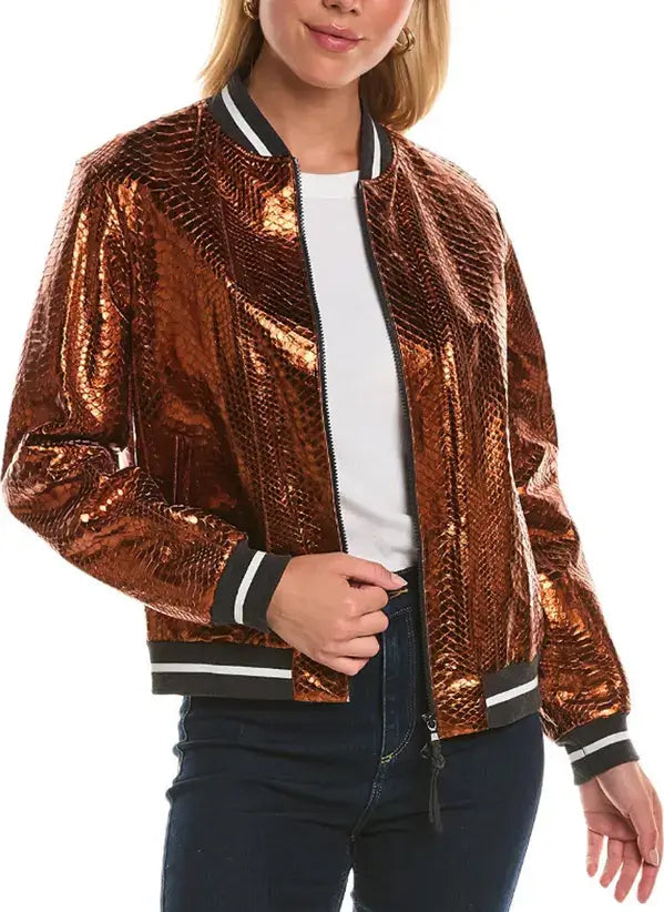 Person wearing a copper sequin jacket with a white shirt and dark pants on a white background