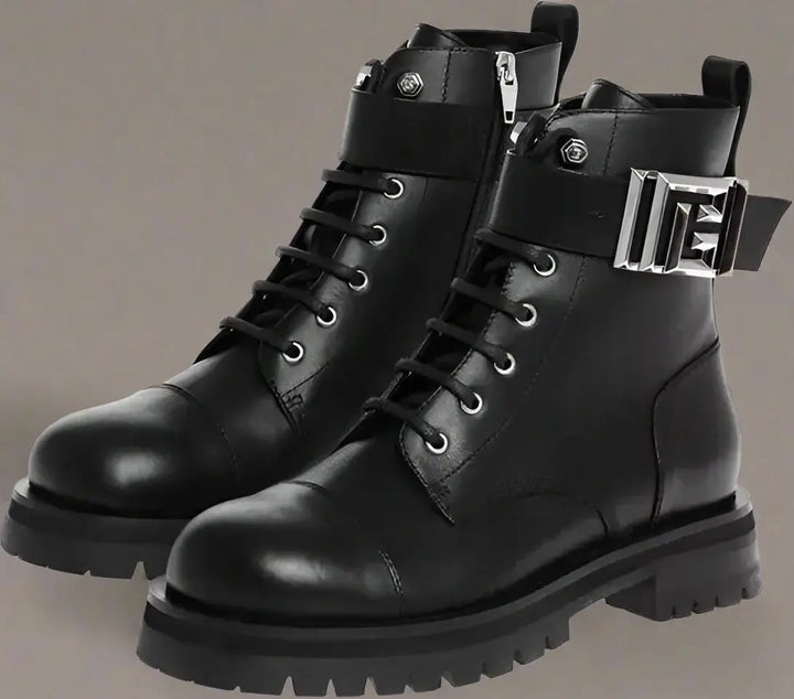 Balmain Leather Combat Booties with Ankle Strap and Logoed Buckle