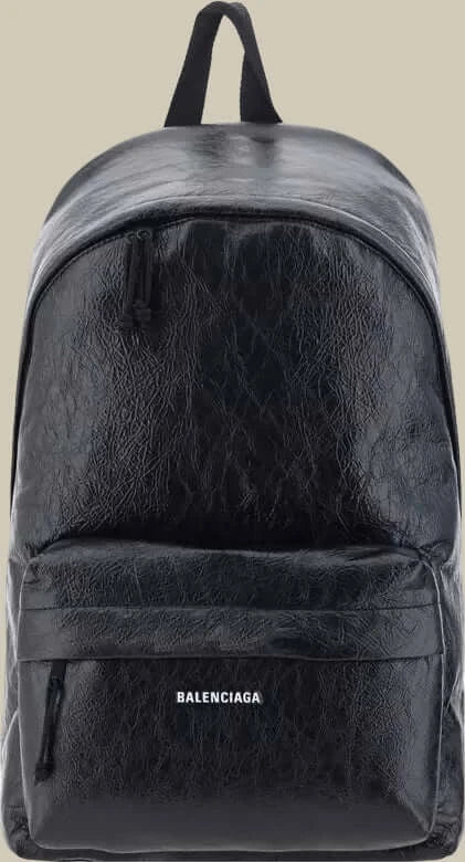 Black textured backpack with Balenciaga branding on a white background