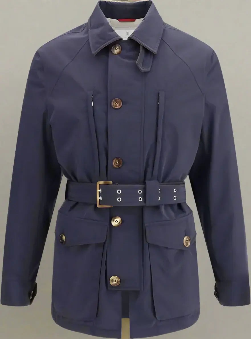 Navy blue jacket with a belt and gold buttons on a white background