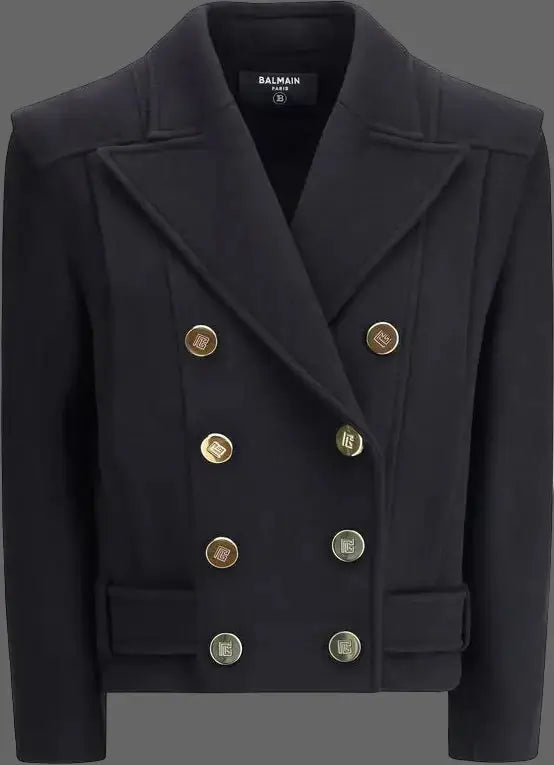Black coat with gold buttons on a white background