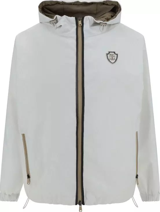 Light gray jacket with a hood and zipper on a white background