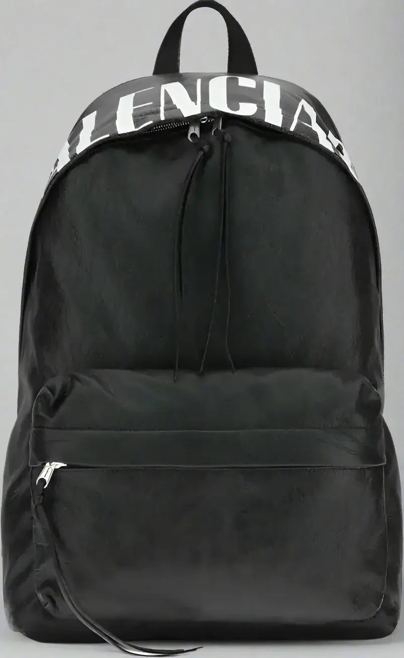 Black backpack with 'Balenciaga' branding on a white background