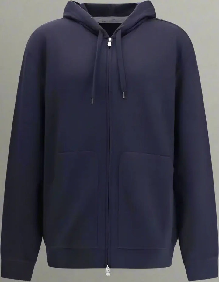 Navy blue hoodie with a zipper on a white background