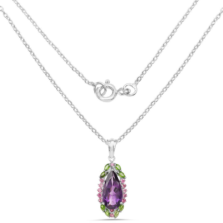 6.22 Carat Genuine Amethyst, Chrome Diopside and Rhodolite .925 Sterling Silver Pendant