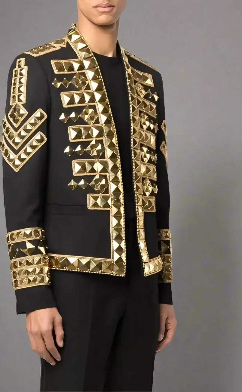 BALMAIN men's Black & gold tone stud Haircalf Jacket