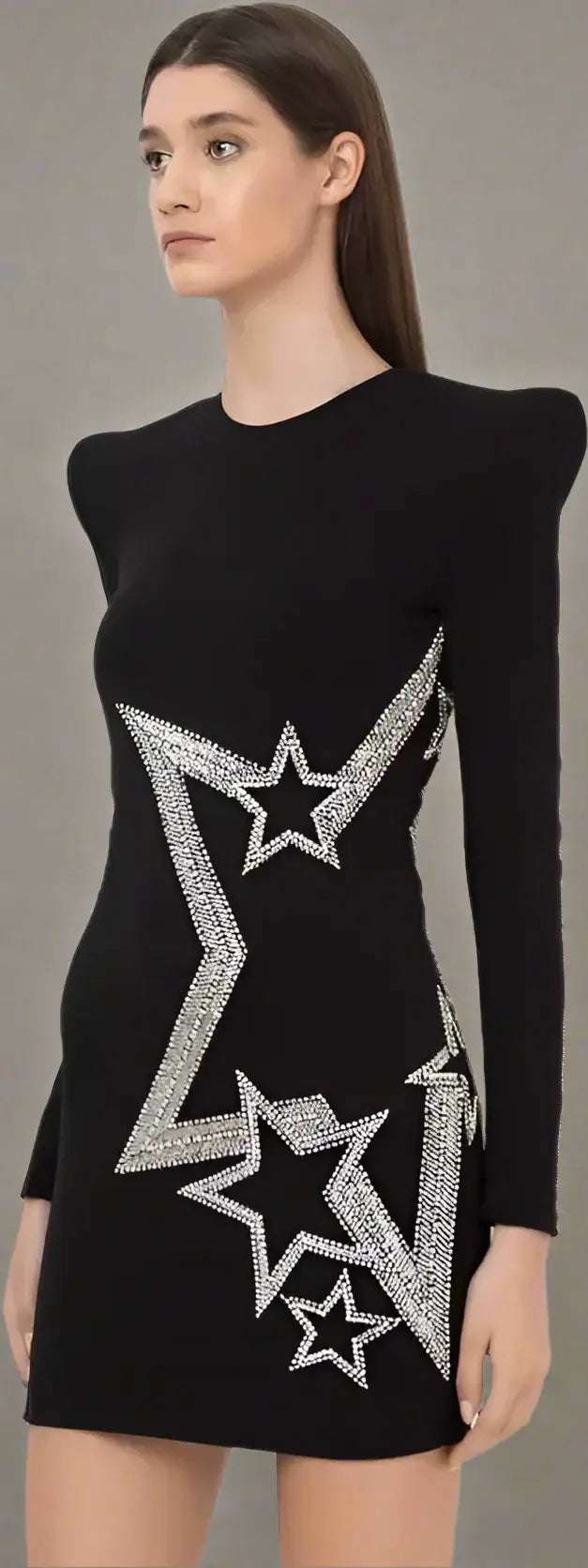 BALMAIN Black rhinestone Star embossed Viscose Dress