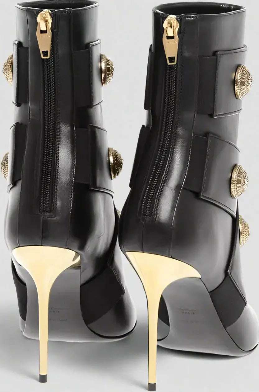 BALMAIN women's black Leather ALMA Ankle Boots with Jewel Buttons