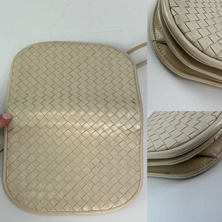 Bottega Veneta Intreciato white leather Shoulder Clutch Bag with woven design and adjustable strap