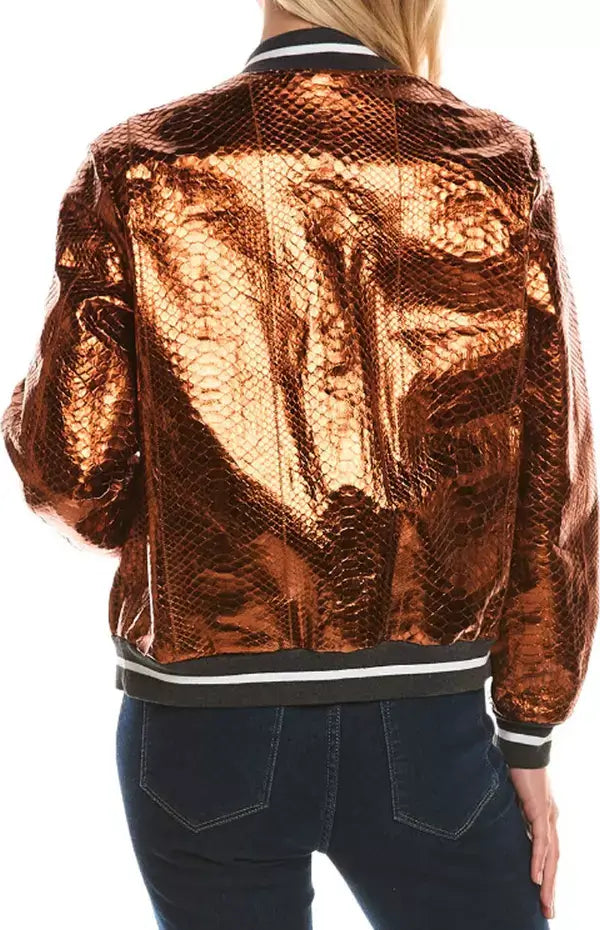 Person wearing a shiny copper jacket on a white background