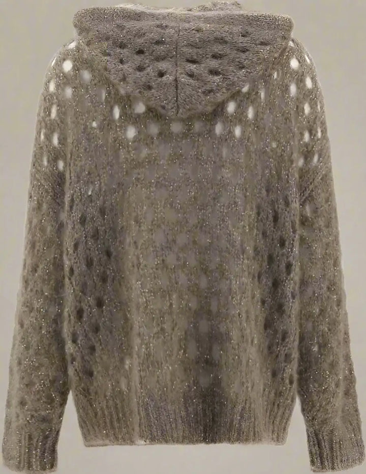 Brown knitted sweater with a textured pattern on a white background
