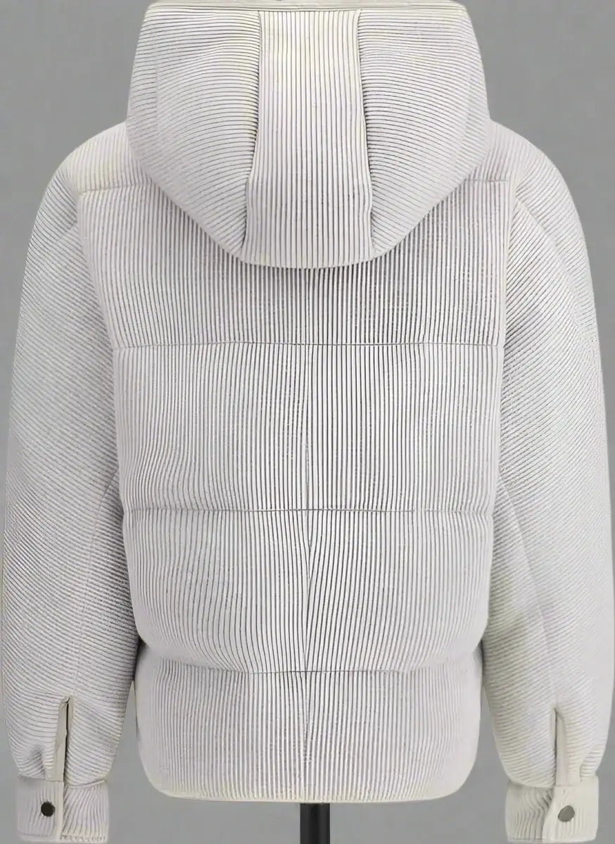 Light gray corduroy jacket with a hood on a white background