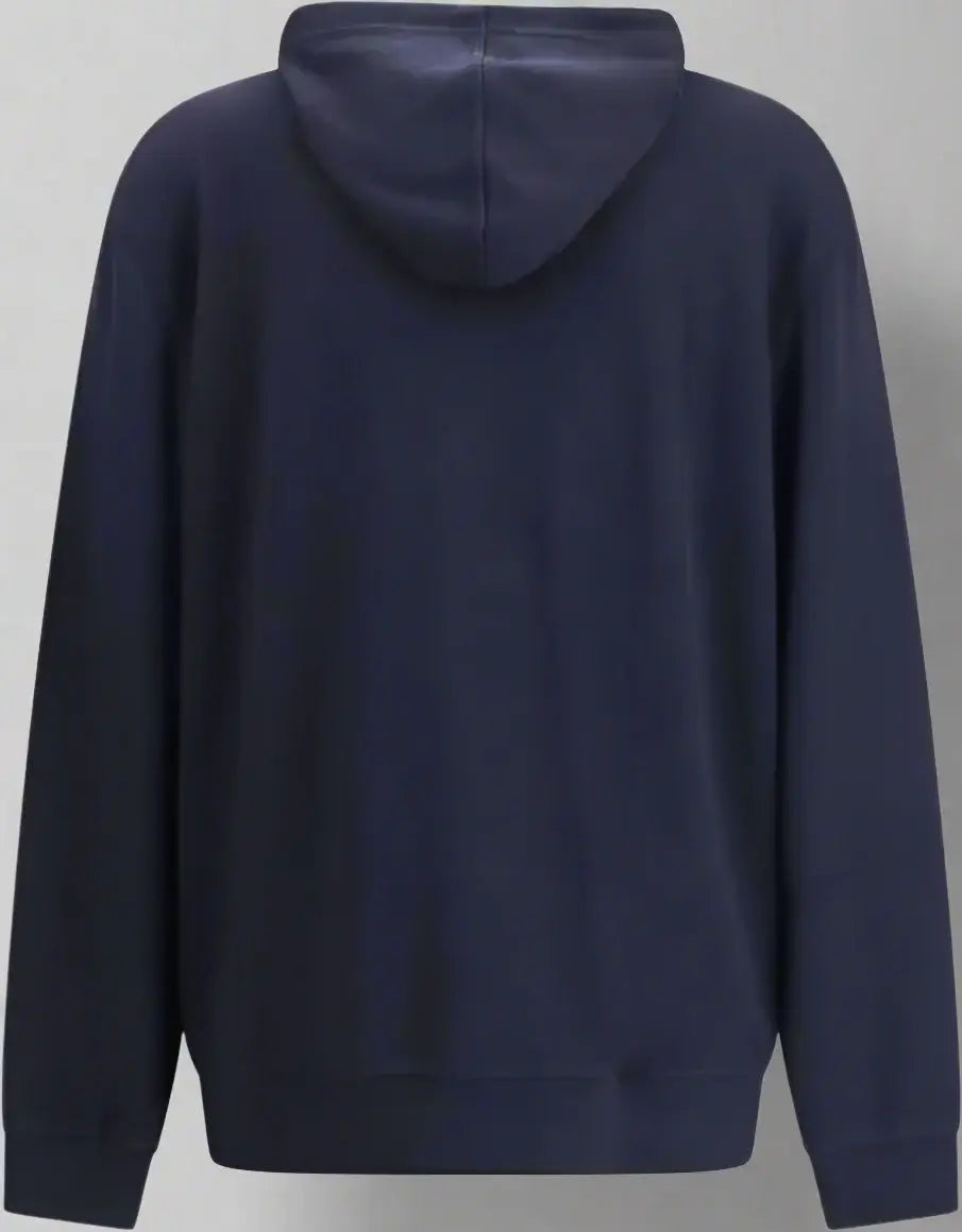 Navy blue hoodie shown from the back on a white background