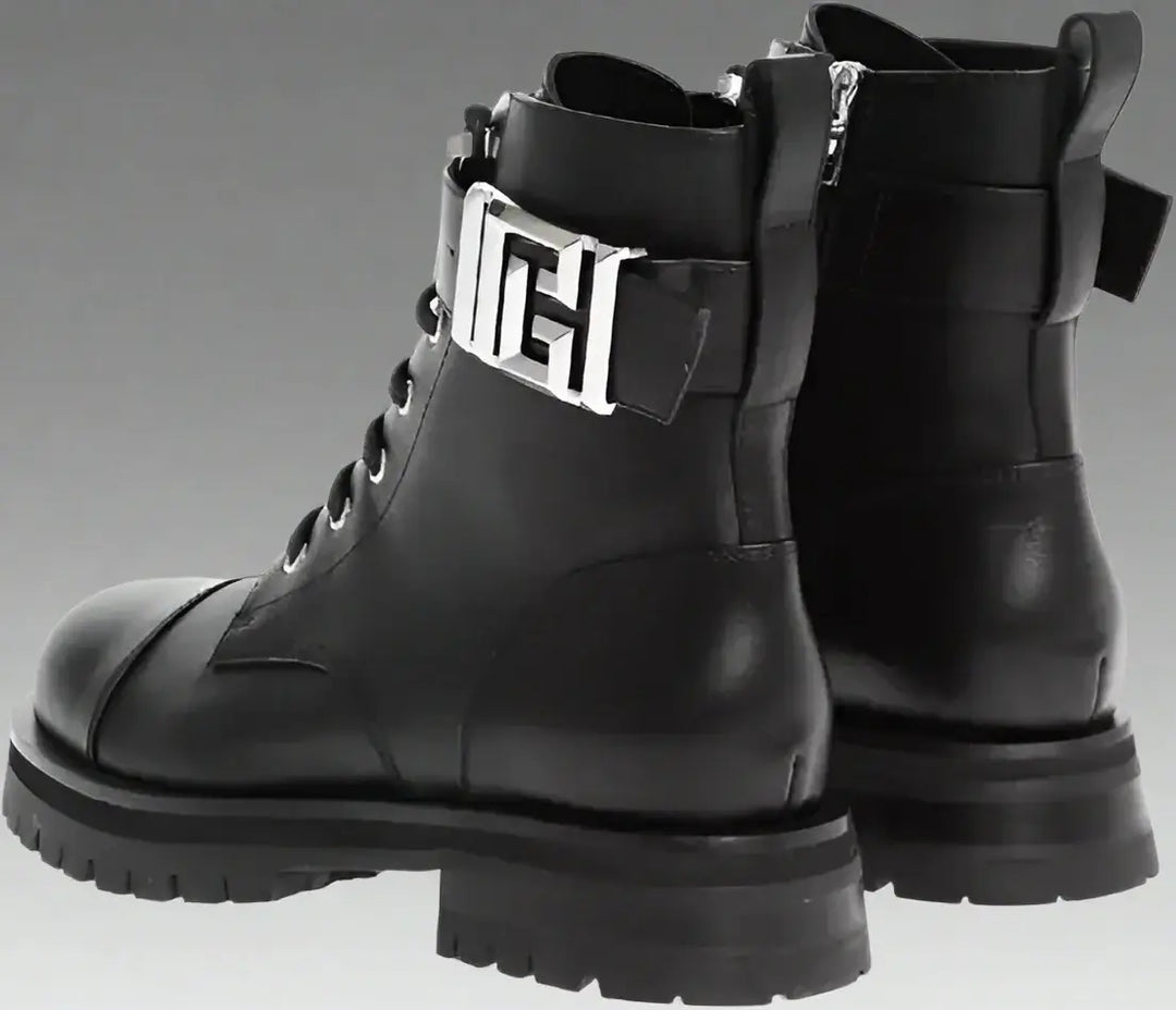 Balmain Leather Combat Booties with Ankle Strap and Logoed Buckle
