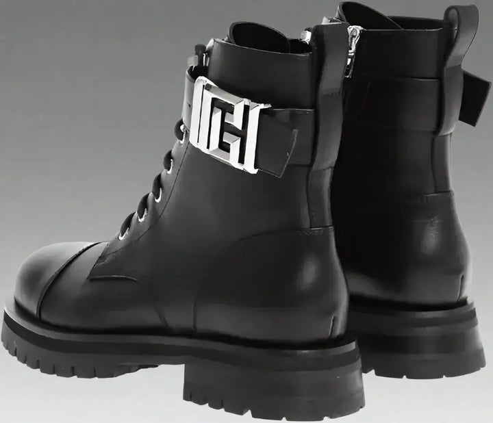 Balmain Leather Combat Booties with Ankle Strap and Logoed Buckle
