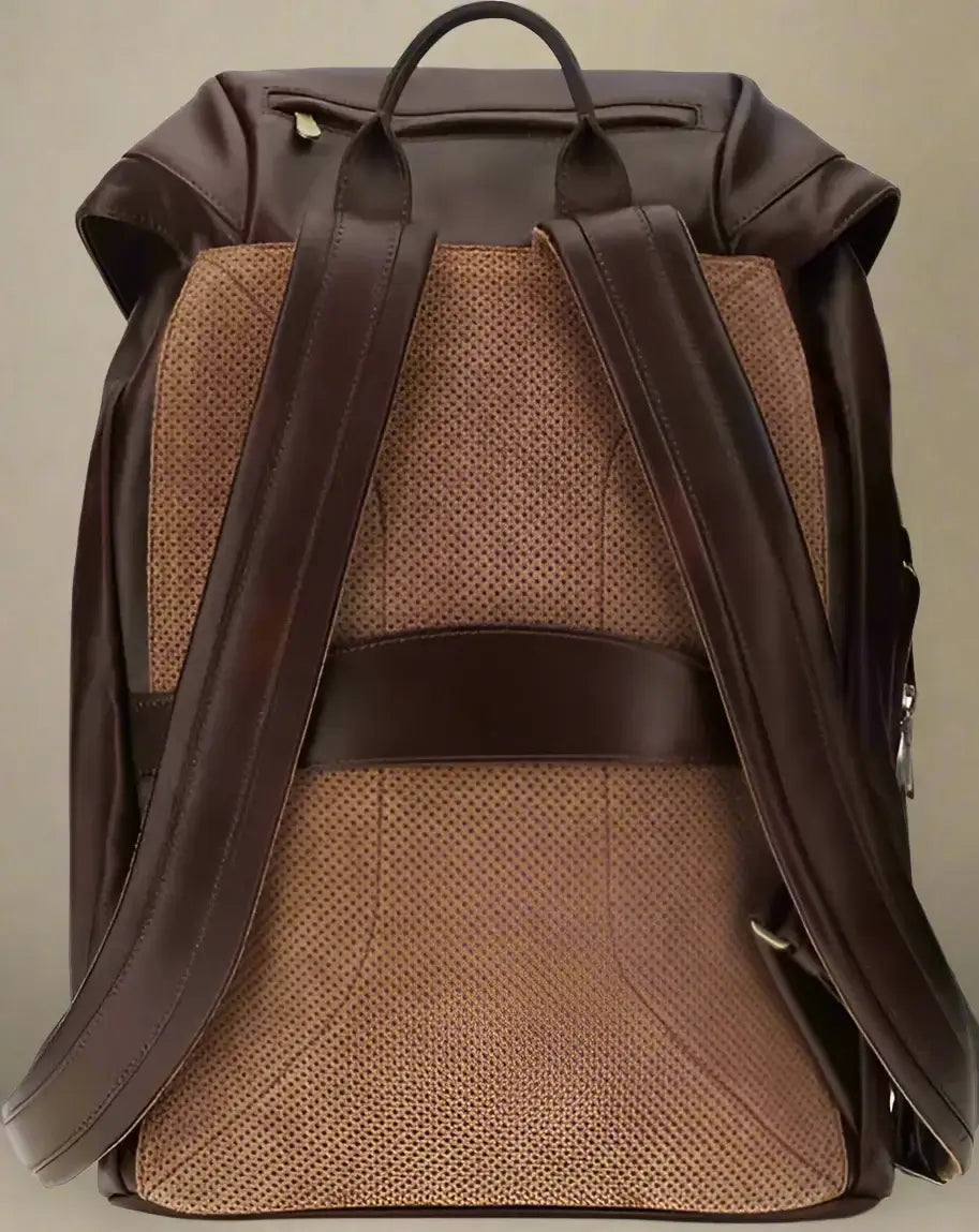 Brown backpack with leather straps on a white background