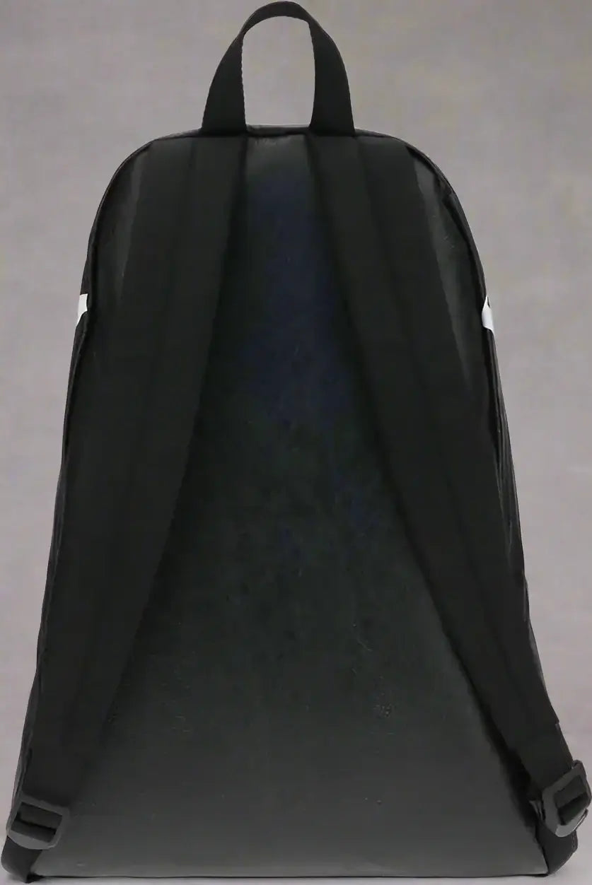 Black backpack shown from the back on a white background
