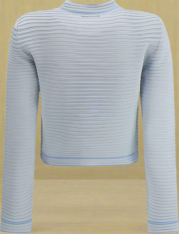 Light blue ribbed sweater on a white background