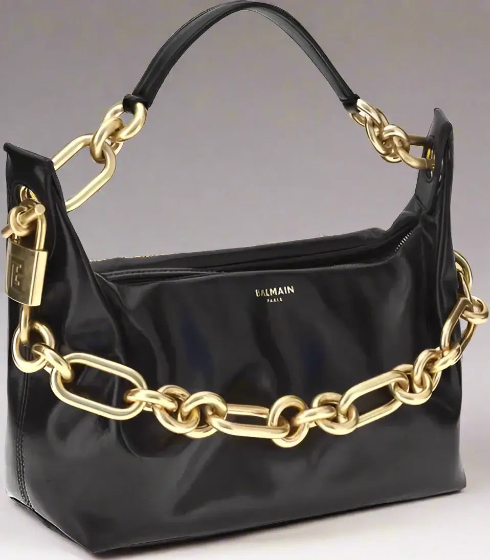 BALMAIN women's black leather gold tone chained Sync Shoulder Bag