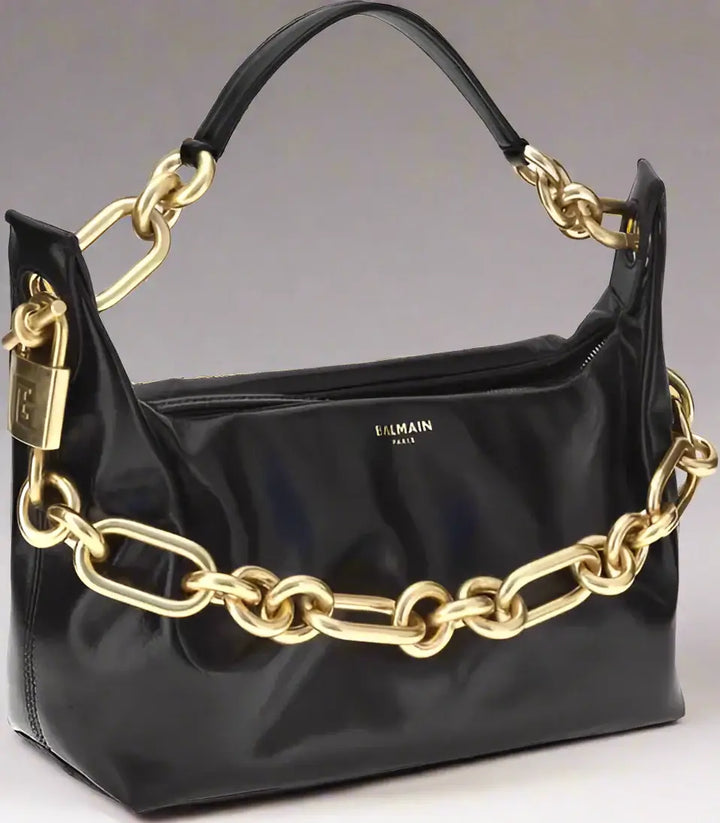 BALMAIN women's black leather gold tone chained Sync Shoulder Bag