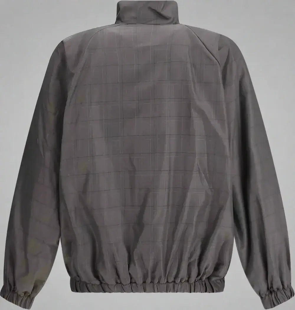 brown and blue jacket rear view