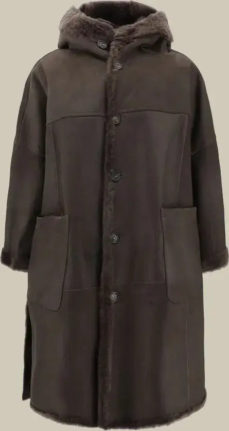 Brown coat with fur hood on a white background