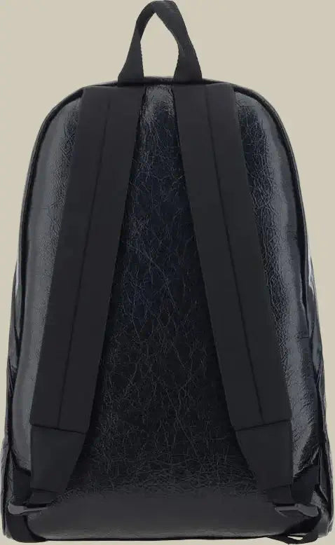 Black backpack with a textured back panel on a white background