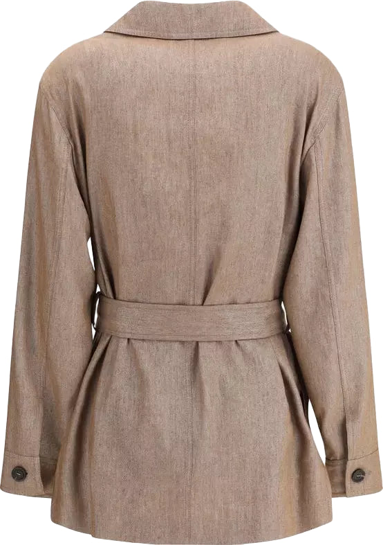 Beige trench coat with a belt on a white background