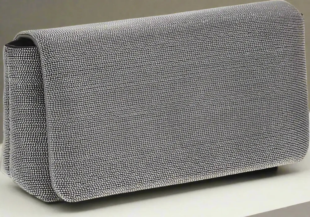 Gray textured clutch bag on a white background
