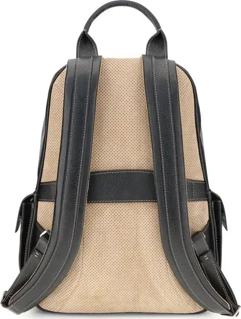Beige backpack with black straps on a white background