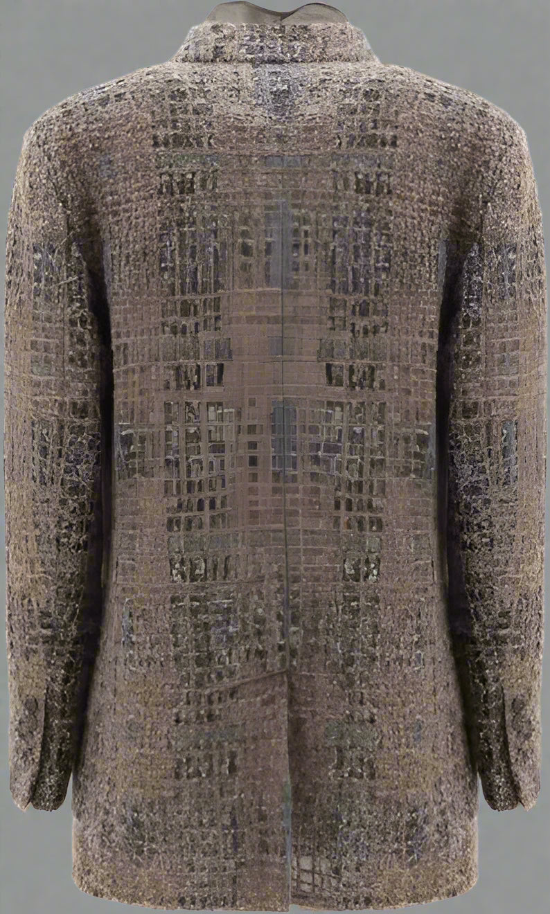 Patterned coat shown from the back on a white background
