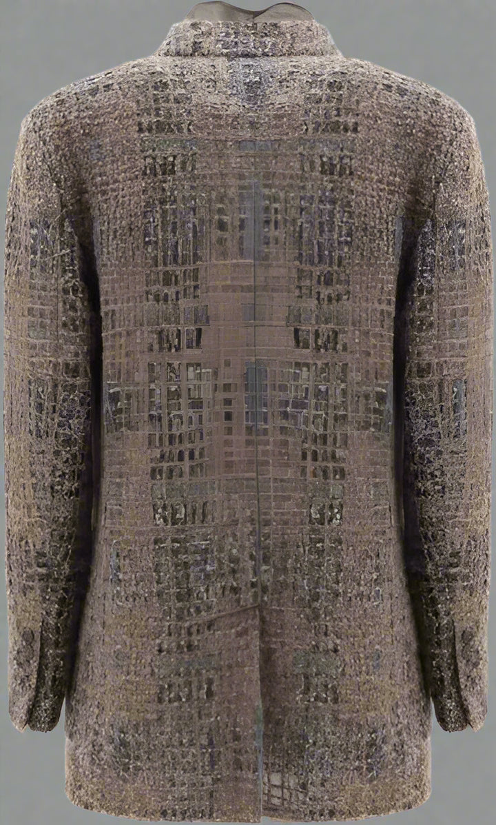 Patterned coat shown from the back on a white background