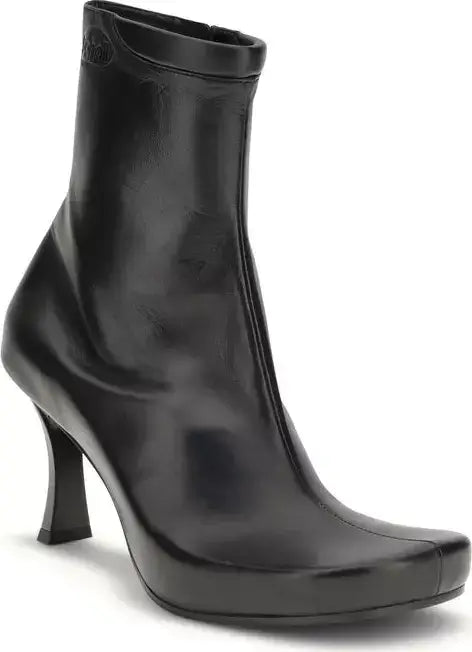 Black high-heeled ankle boot on a white background