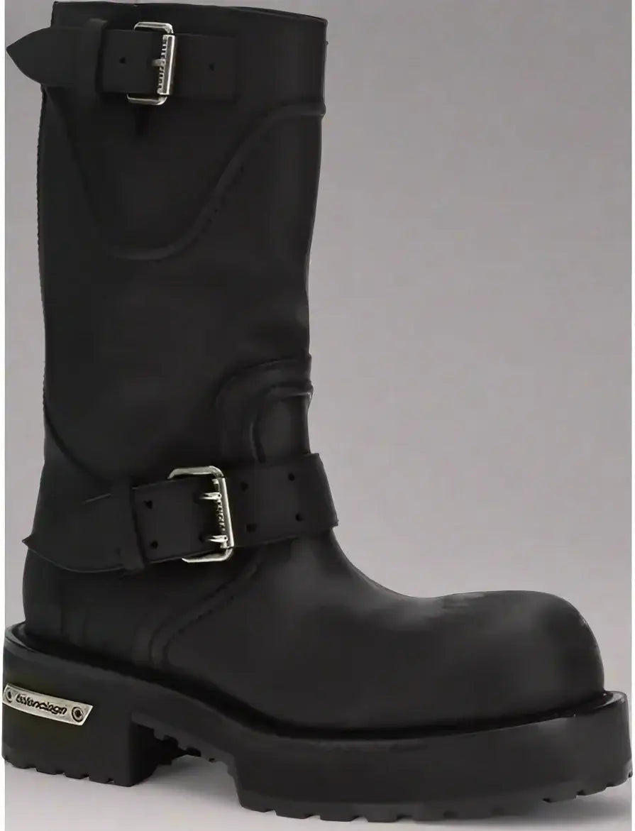 Black leather boot with buckles on a white background