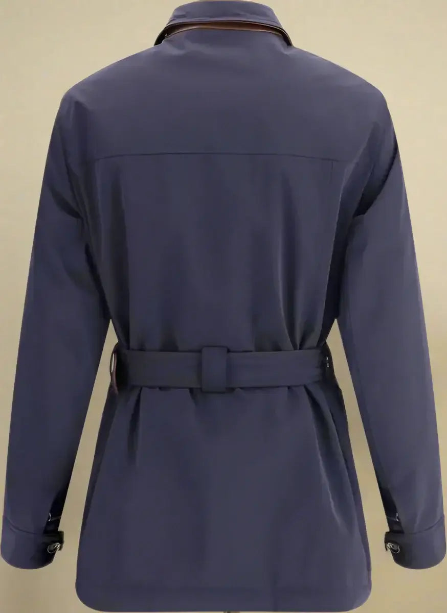 Navy blue trench coat with a belt on a white background