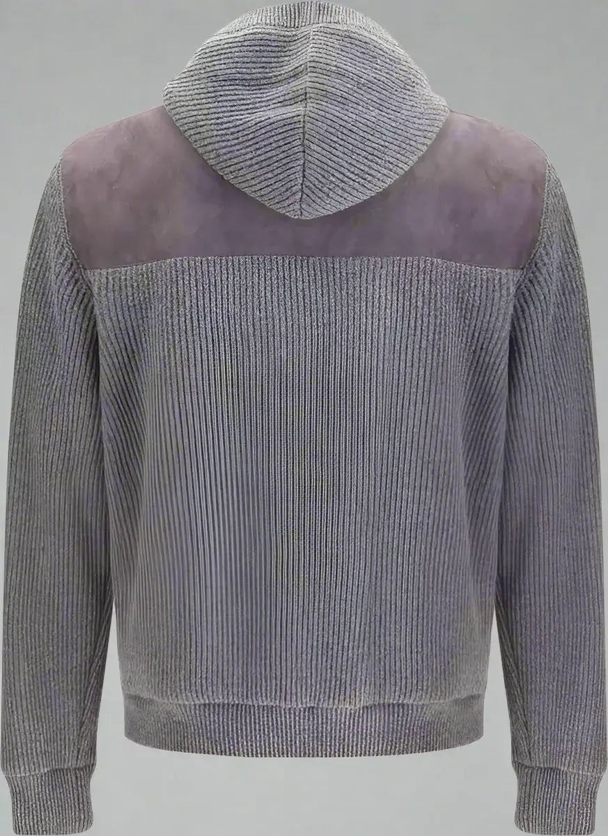 Gray hoodie with a purple back panel on a white background