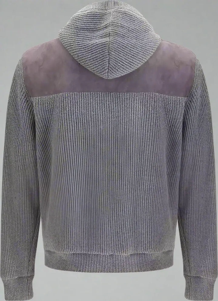 Gray hoodie with a purple back panel on a white background