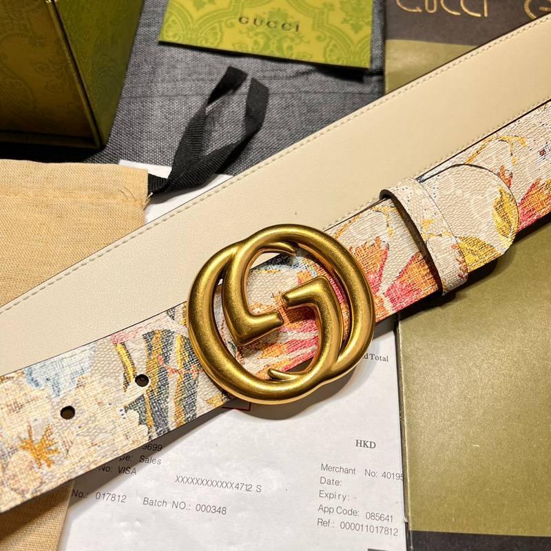 Gucci Guccissima Leather Floral Print Double Gold G Buckle Woman Belt &