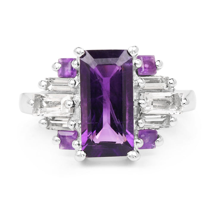 4.20 Carat Genuine Amethyst and White Topaz .925 Sterling Silver Ring