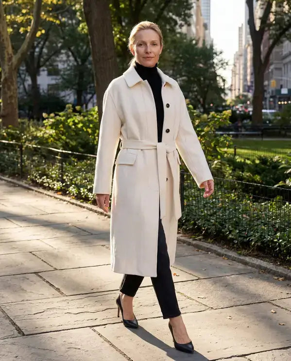 Woman in a long cream coat walking on a city sidewalk with trees and buildings in the background.