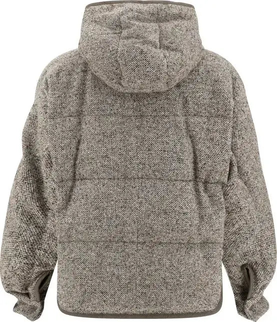 Back view of a gray hooded jacket on a white background