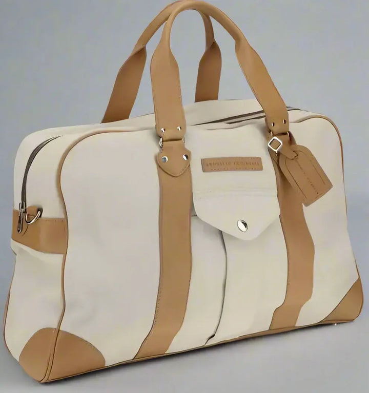Beige and brown travel bag on a white background