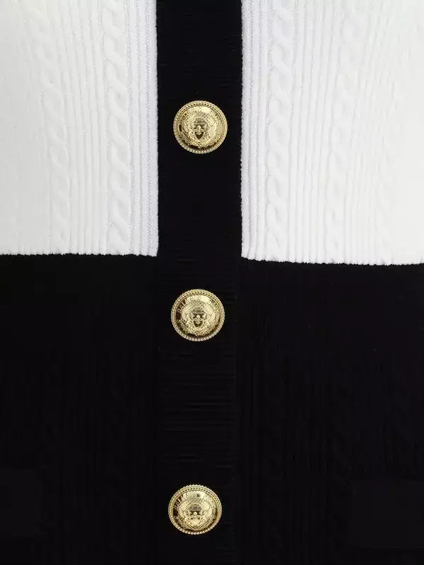 BALMAIN black/white Braided pattern midi Dress button up