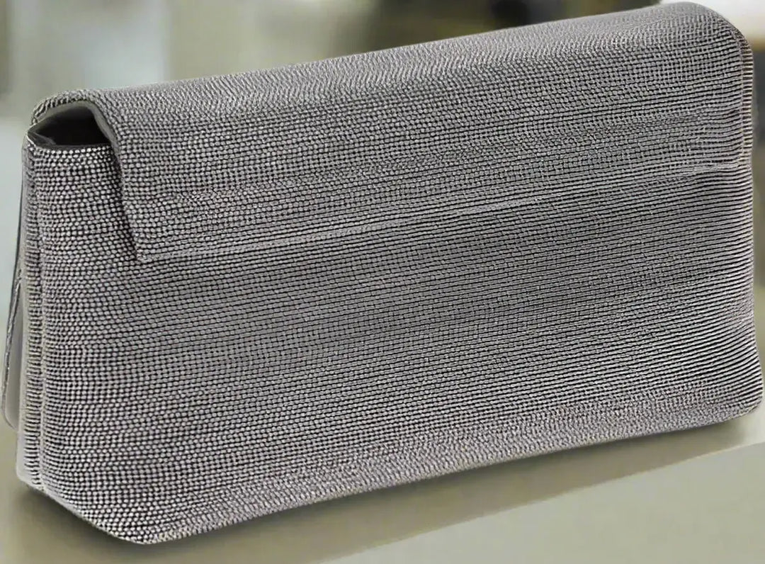 Gray textured clutch bag on a white background